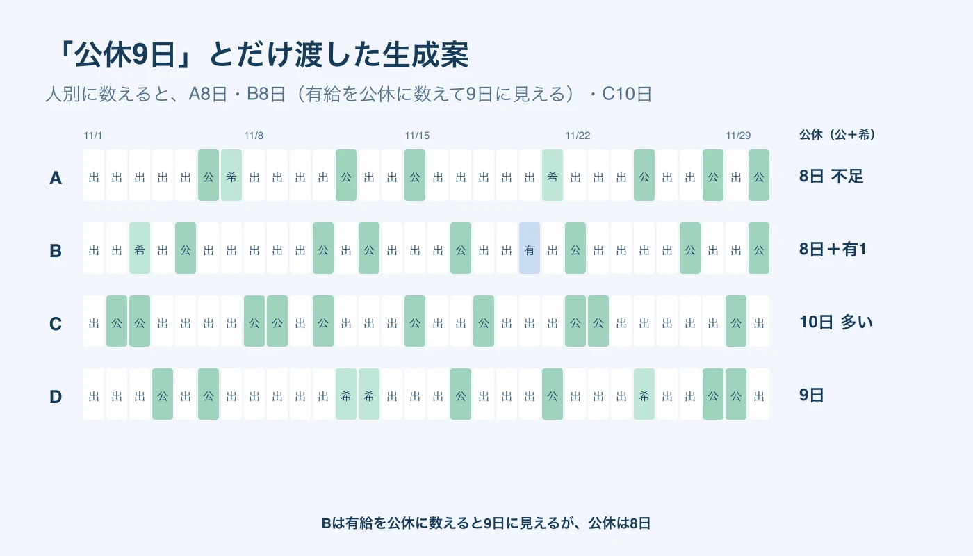 「公休9日」とだけ渡した生成案の4人の30日分。公休は公と希の合計でA8日、B8日、C10日、D9日。Bは11月20日の有給を足すと9日に見える。