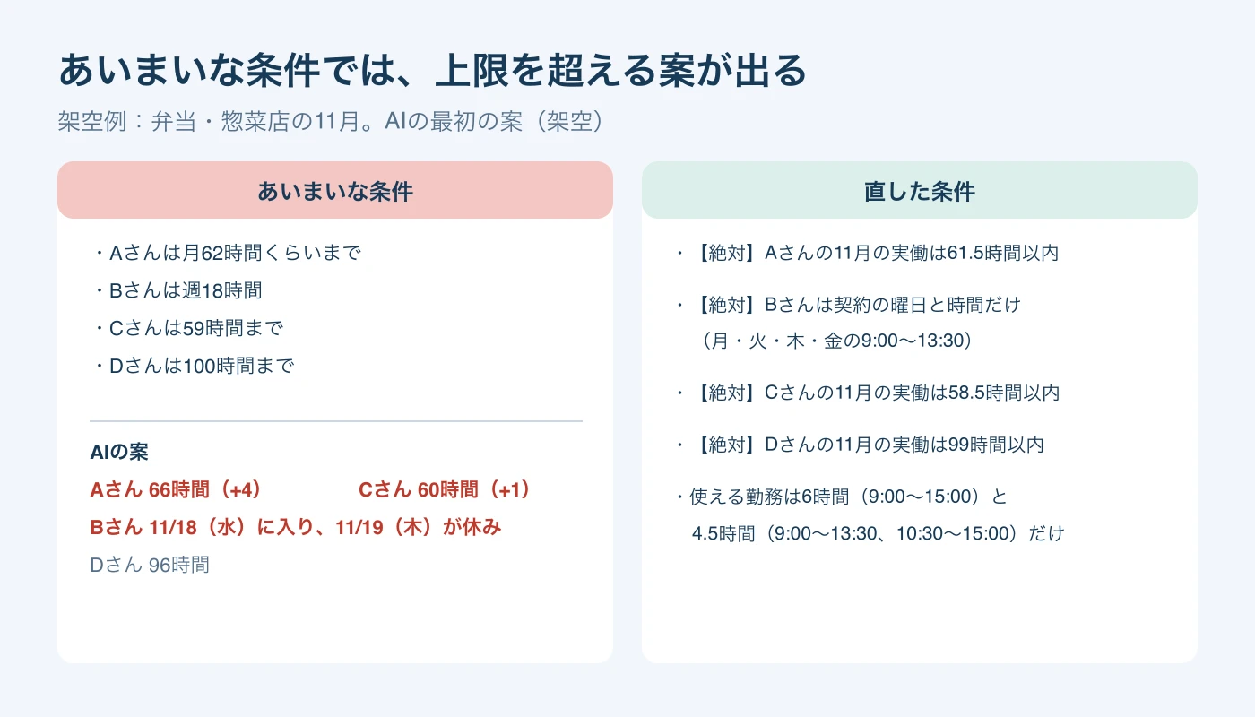 あいまいな条件（Aさんは月62時間くらいまで等）でAIが作った案のAさん66時間・Cさん60時間・Bさんの契約外の水曜と、実働の絶対の条件に直した書き方を並べた図。