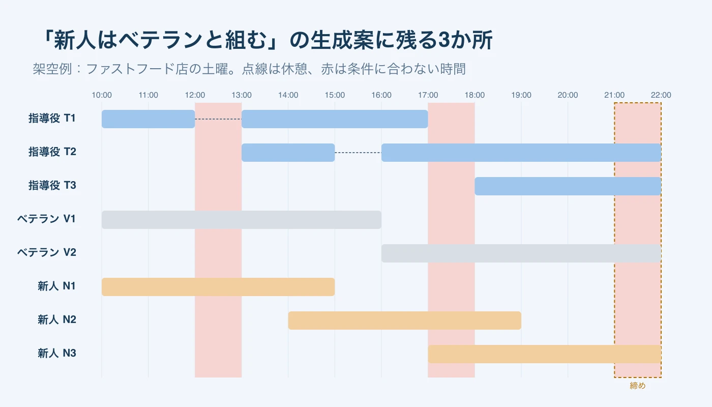ファストフード店の土曜の初案を10時から22時の横棒で示した図。指導役T1は12時から13時が休憩、T3は18時から、新人N3は22時まで。12時台、17時台、締めの21時台が赤く塗られている。