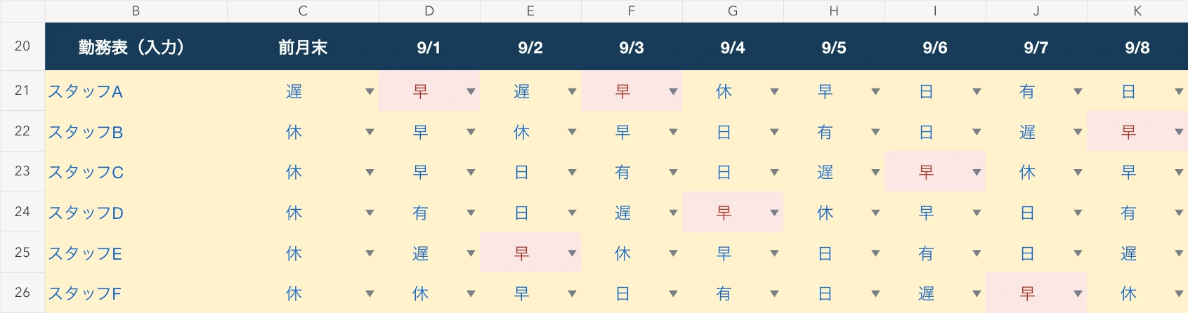 配布ファイルの記入例。前月末の遅番と当月1日の早番も確認し、翌日の早番を赤く表示します。