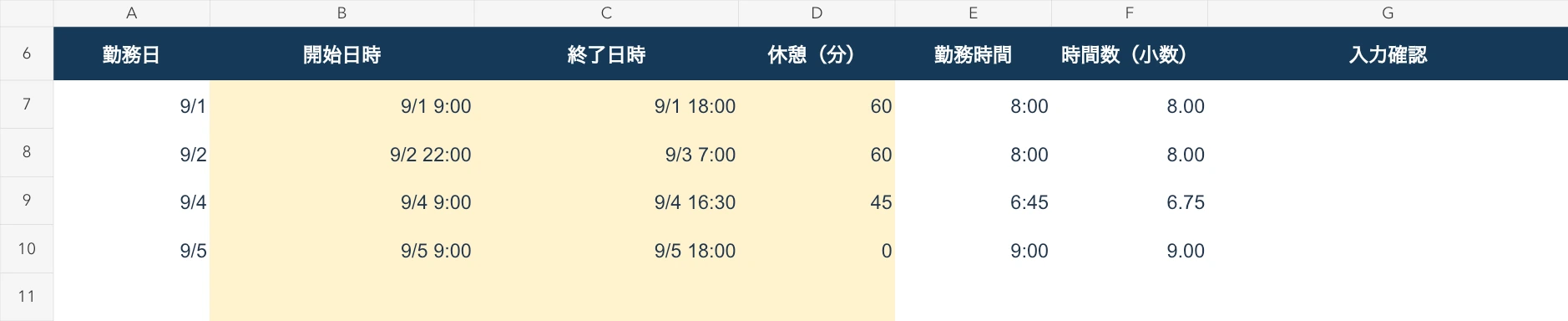 配布Excelの4行の計算例。開始・終了日時と休憩分数から8時間、8時間、6時間45分、9時間を計算