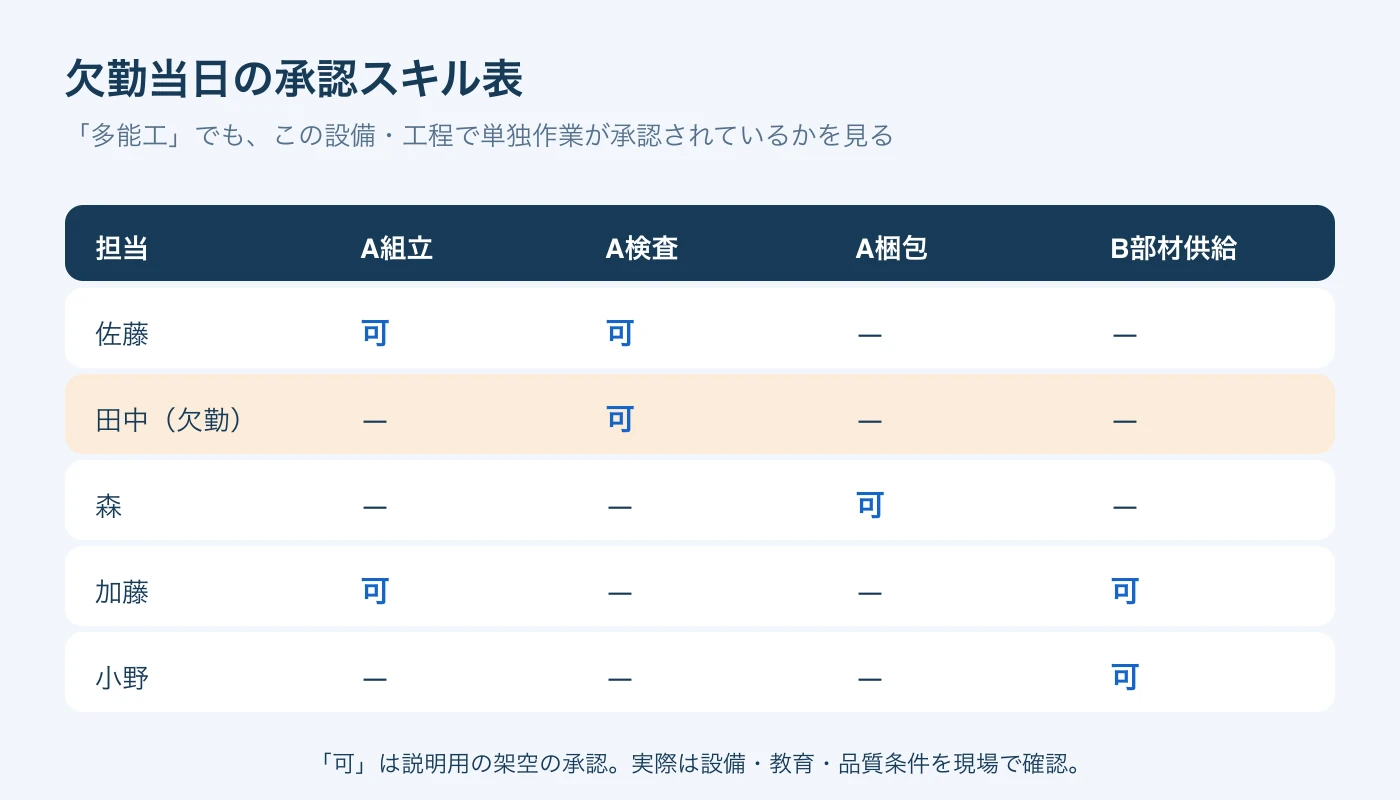 田中の欠勤、佐藤・加藤・小野・森の工程別単独作業承認を示す架空のスキル表。