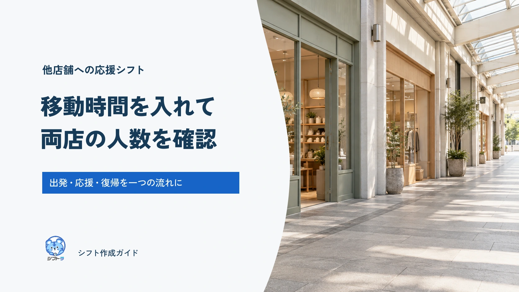 他店舗への応援シフト。移動時間を入れて両店の人数を確認。